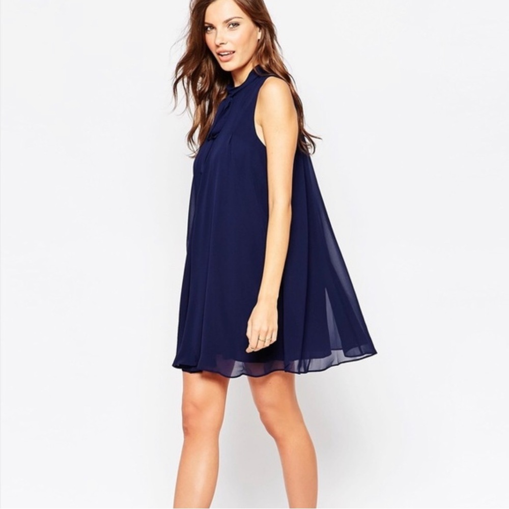 BCBGeneration Sheer Mini Neck Tie Pleated Sleeveless Mini Cocktail Blue Dress